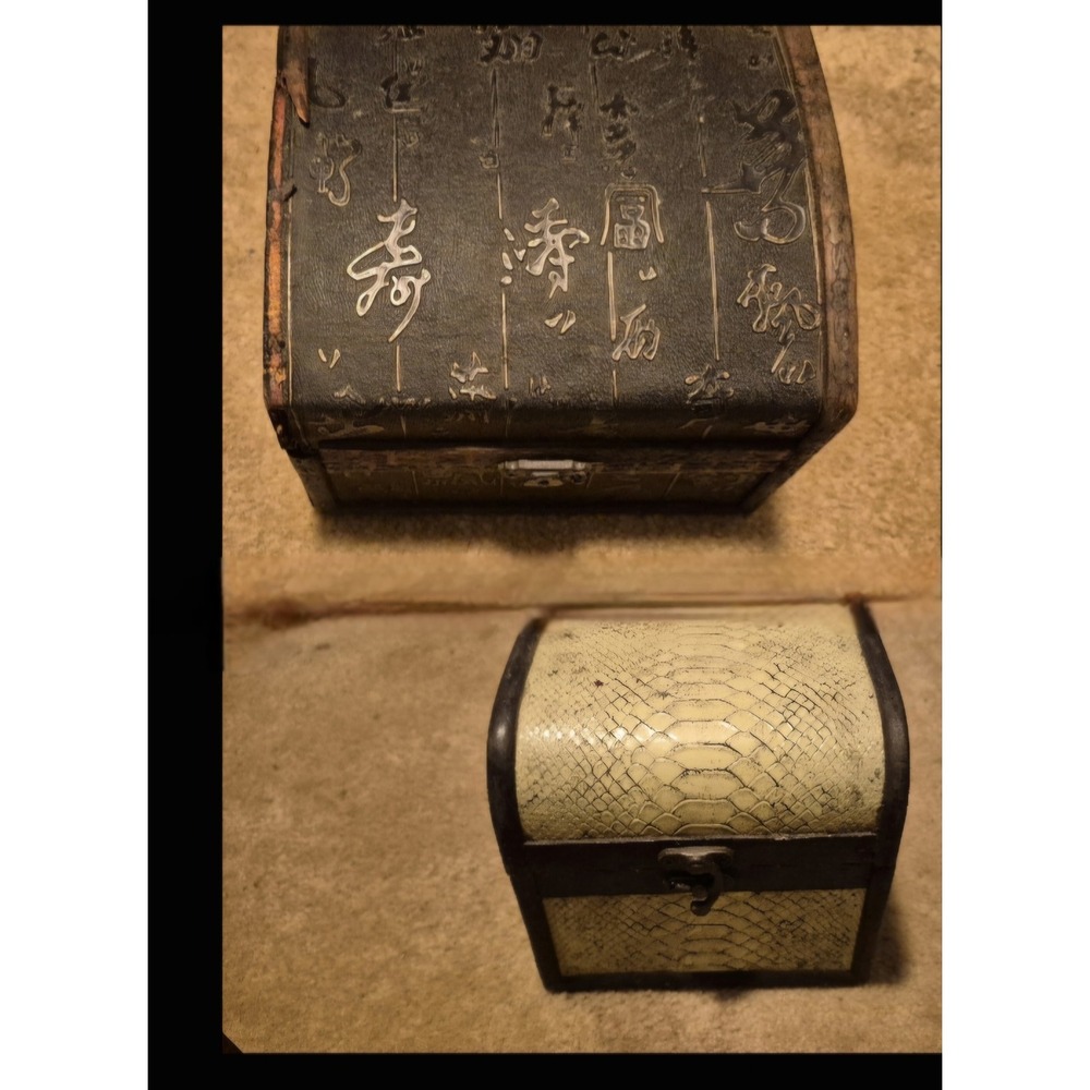 2 Vintage Wooden Trinket Boxes Asian Style Chest Jewelry Box Lot